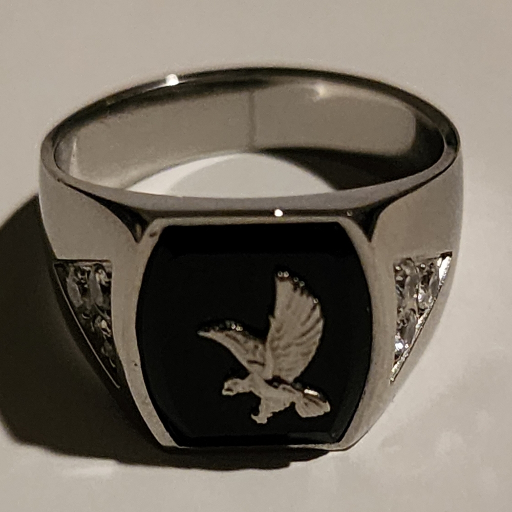 Mens Size 11 Heavy Duty Stainless Steel 316L Ring With Onyx And Cubic Zirconia
